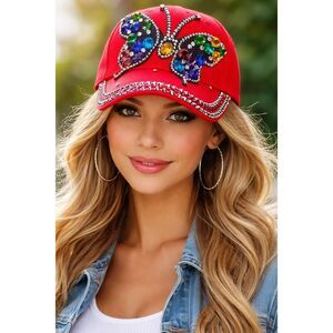 Rhinestone Butterfly Red Baseball Cap Bling Hat Adjustable